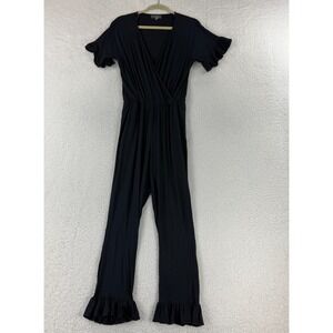 Michael Stars Ruffled Jumpsuit Womens Medium Black Ankle Short Sleeve V-Neck